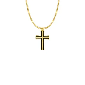 1 Inch 14KT Gold Plated Over Sterling Silver Flared Cross with Black Enamel Detailing Necklace