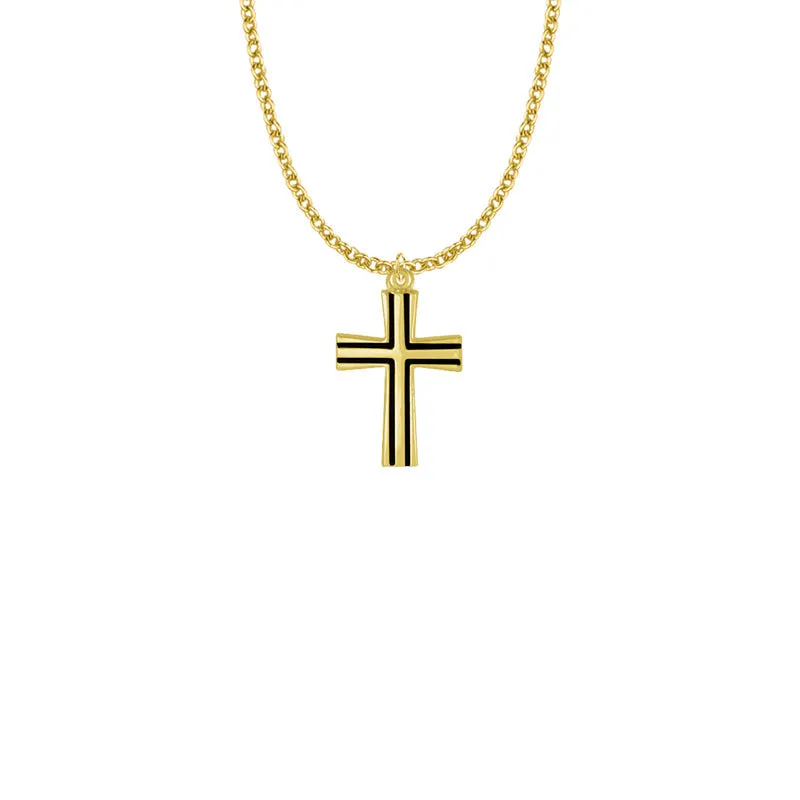 1 Inch 14KT Gold Plated Over Sterling Silver Flared Cross with Black Enamel Detailing Necklace