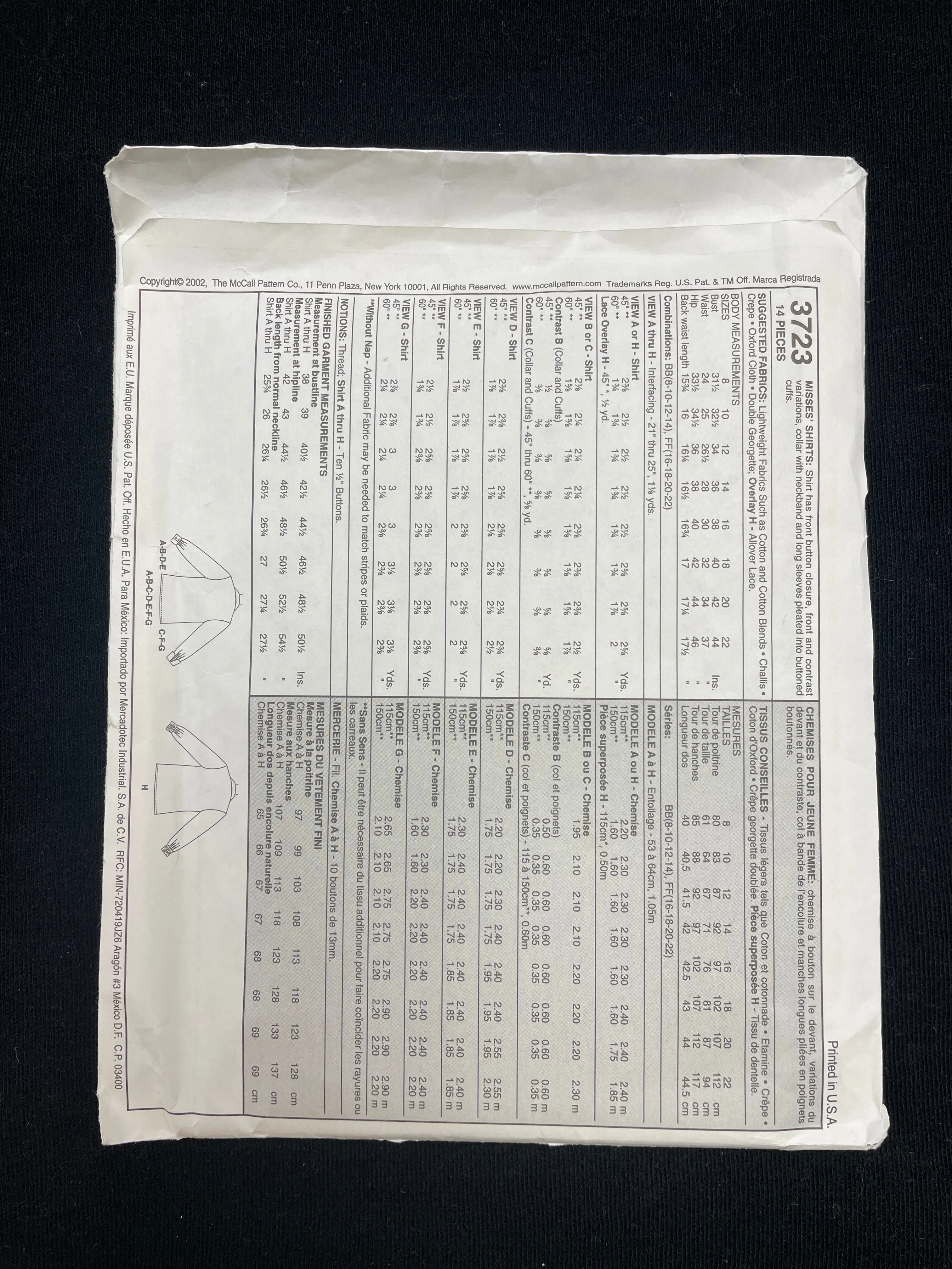 2002 McCall's 3723 Sewing Pattern - Blouses FACTORY FOLDED