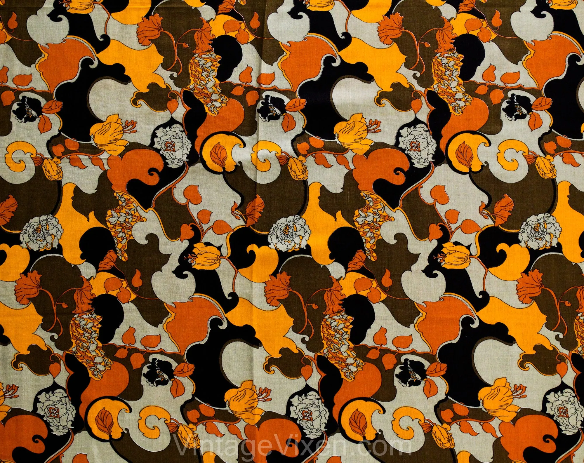 60s Mod Fabric - 1.6 Yards x 44.5 Inches - Orange Red Brown Black - Modernist 1960s Psychedelic Thin Summer Cotton Yardage - Fine Poplin