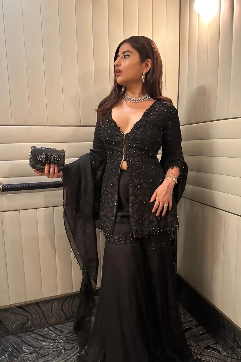 Aishwarya Bendre IN Black Nude Peplum Garara Set With Bustier