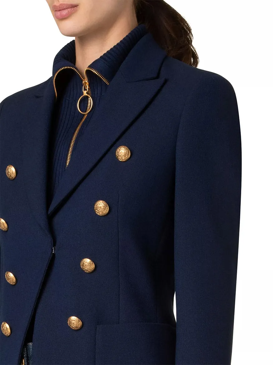 Akris Punto Illusion Peak Lapel Blazer With Gold Buttons in Navy