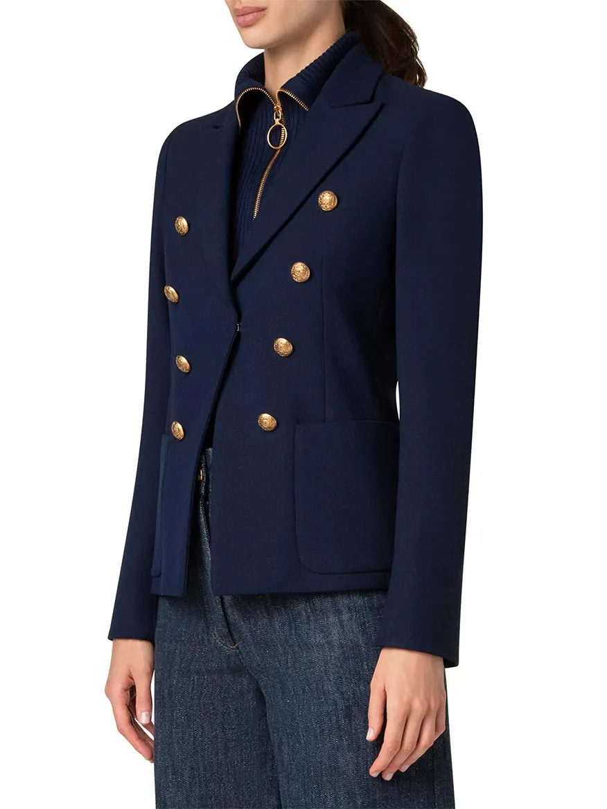 Akris Punto Illusion Peak Lapel Blazer With Gold Buttons in Navy