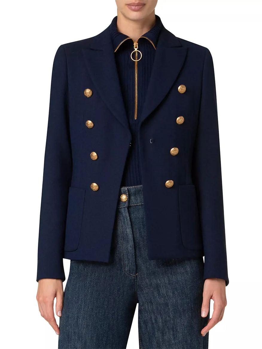 Akris Punto Illusion Peak Lapel Blazer With Gold Buttons in Navy