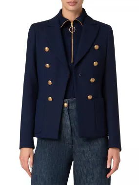Akris Punto Illusion Peak Lapel Blazer With Gold Buttons in Navy