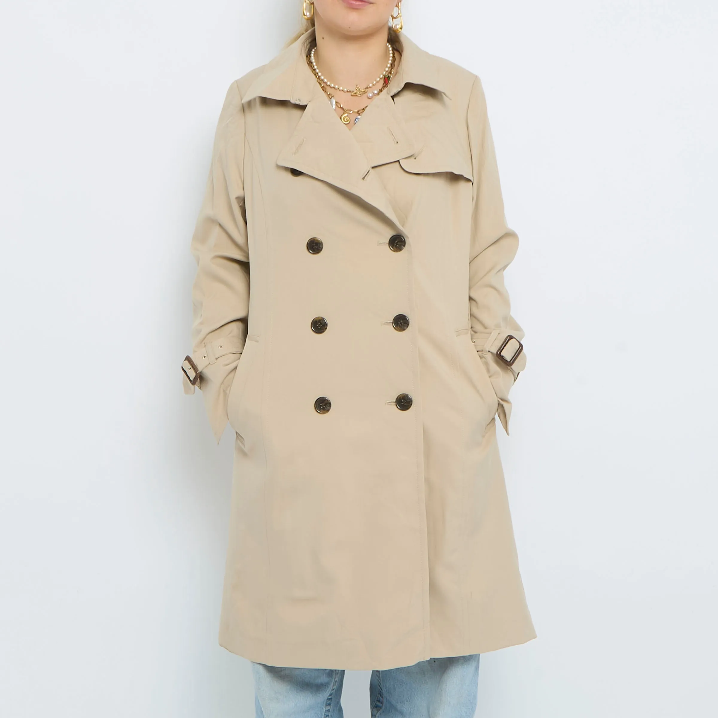 Beige Double Breasted Trench Coat - M