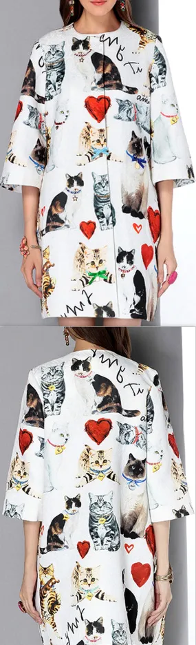 Cat & Heart Print Half-Sleeve Coat