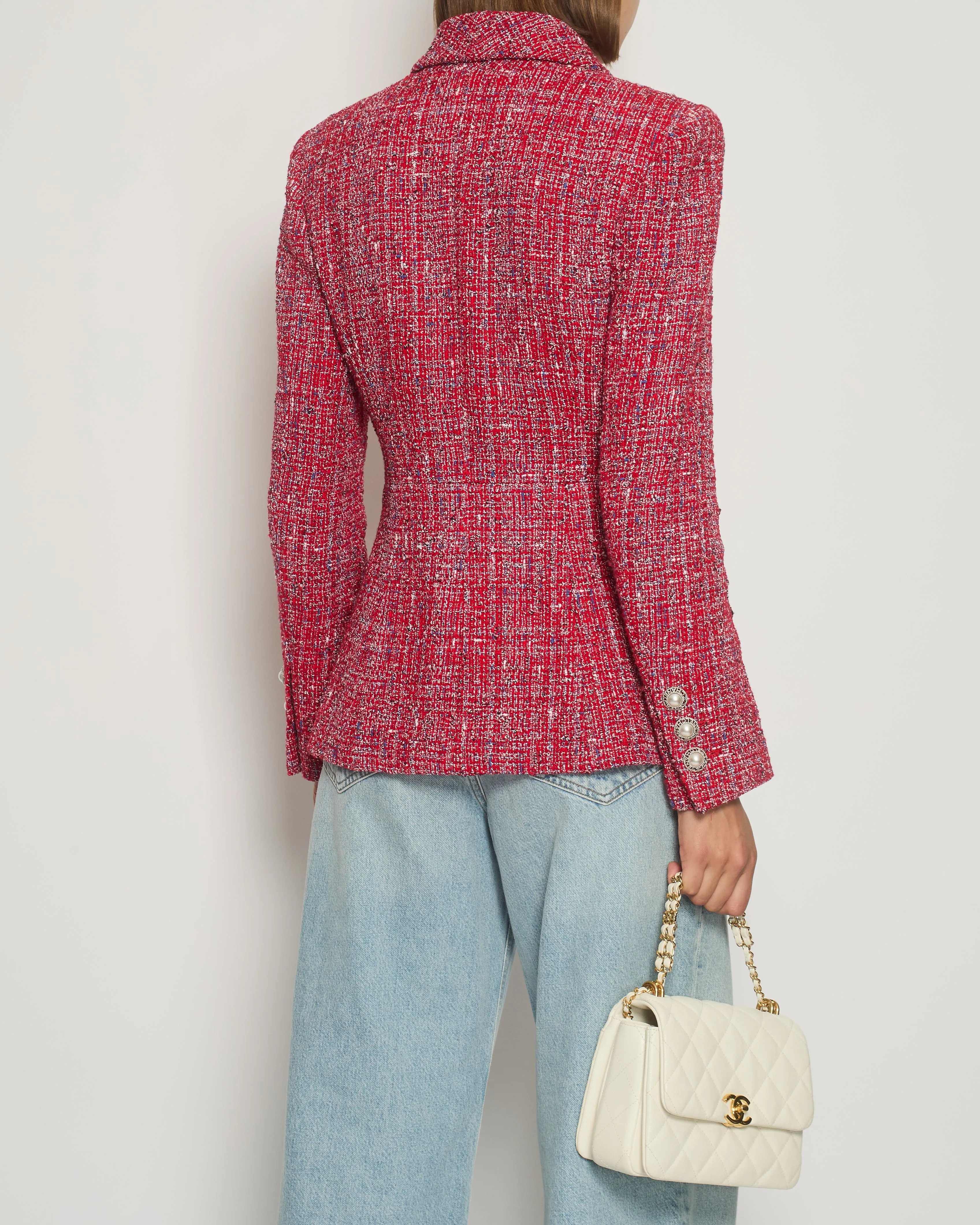 Chanel 19P Red Tweed Double-Breasted Jacket with Pearl Button Detail FR 38 (UK 10) RRP £5,550