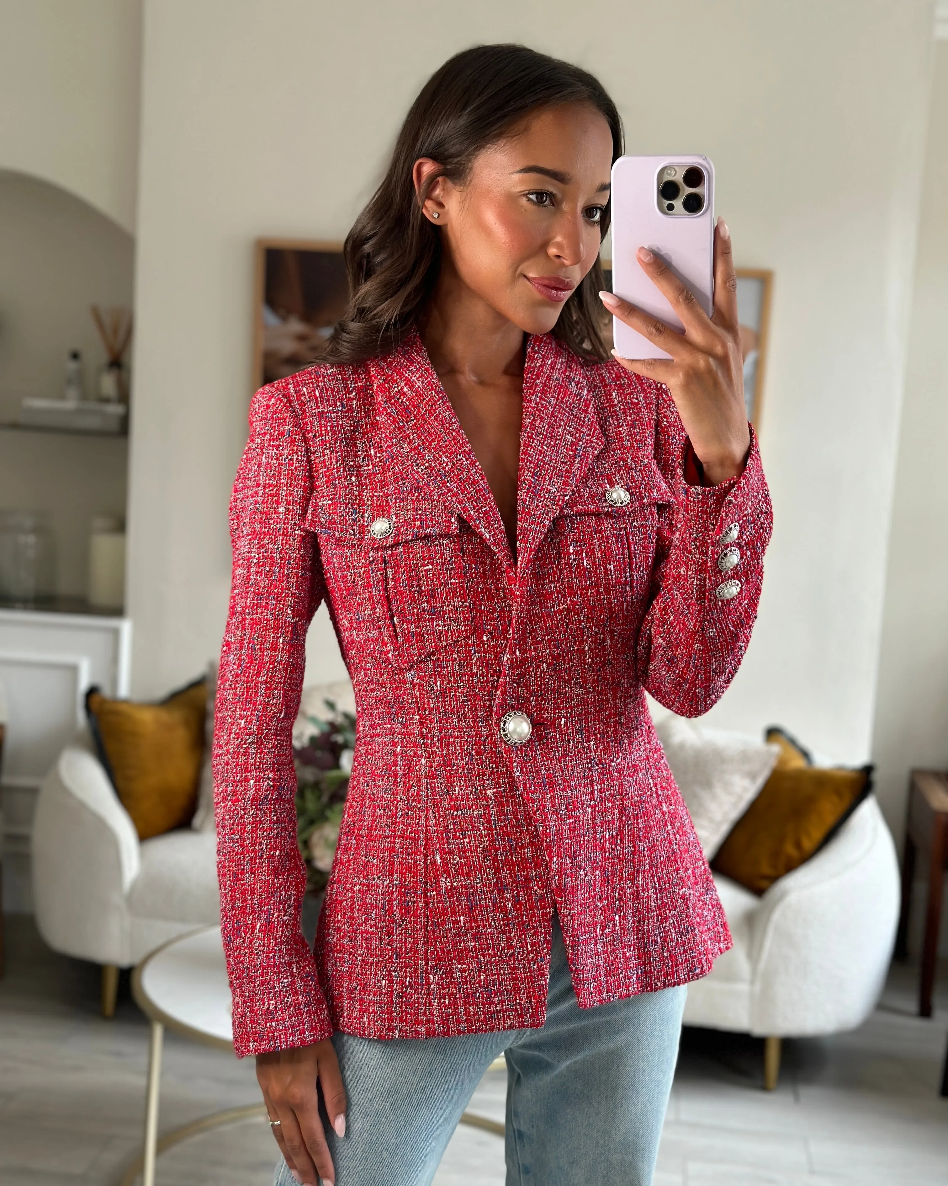 Chanel 19P Red Tweed Double-Breasted Jacket with Pearl Button Detail FR 38 (UK 10) RRP £5,550