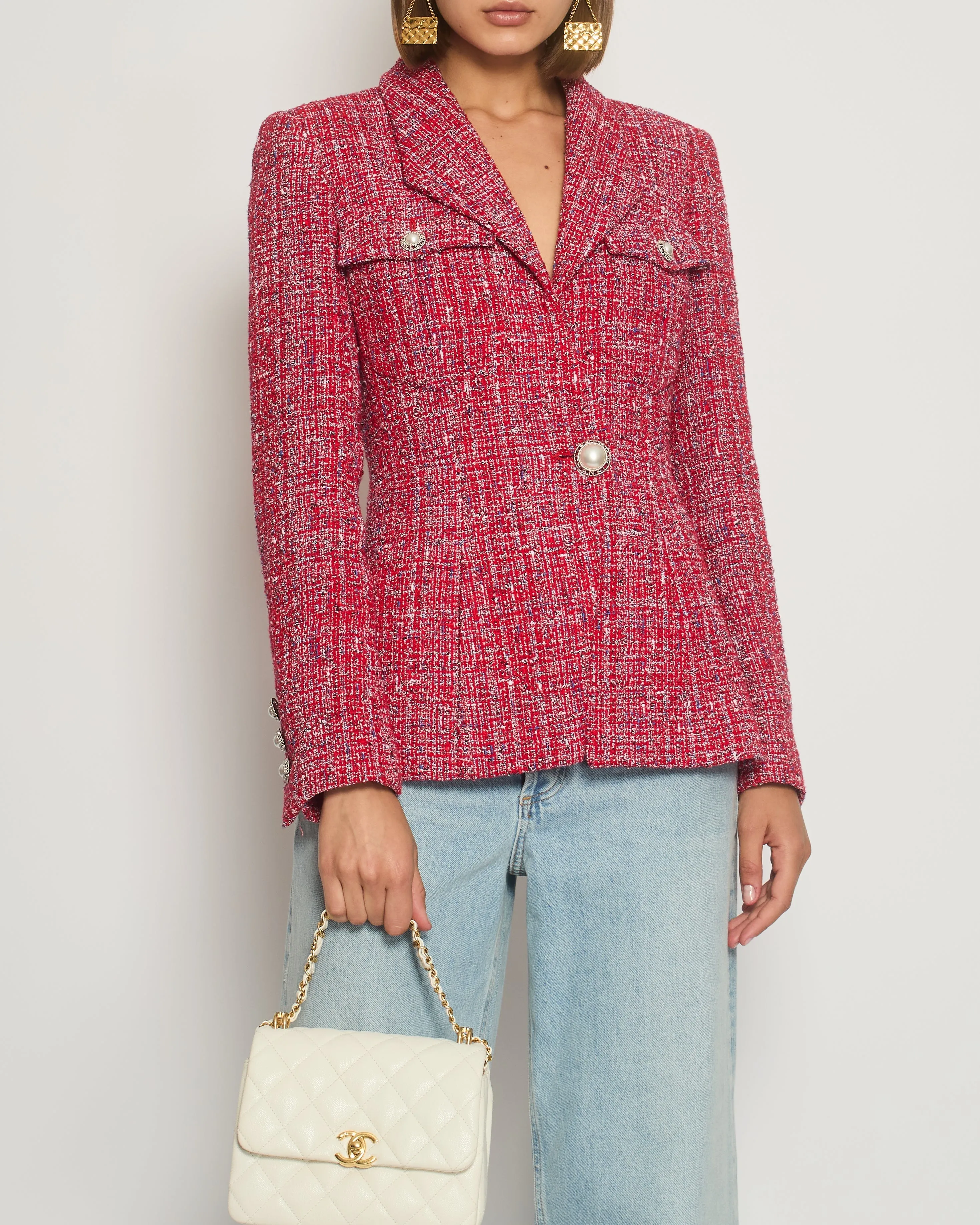 Chanel 19P Red Tweed Double-Breasted Jacket with Pearl Button Detail FR 38 (UK 10) RRP £5,550