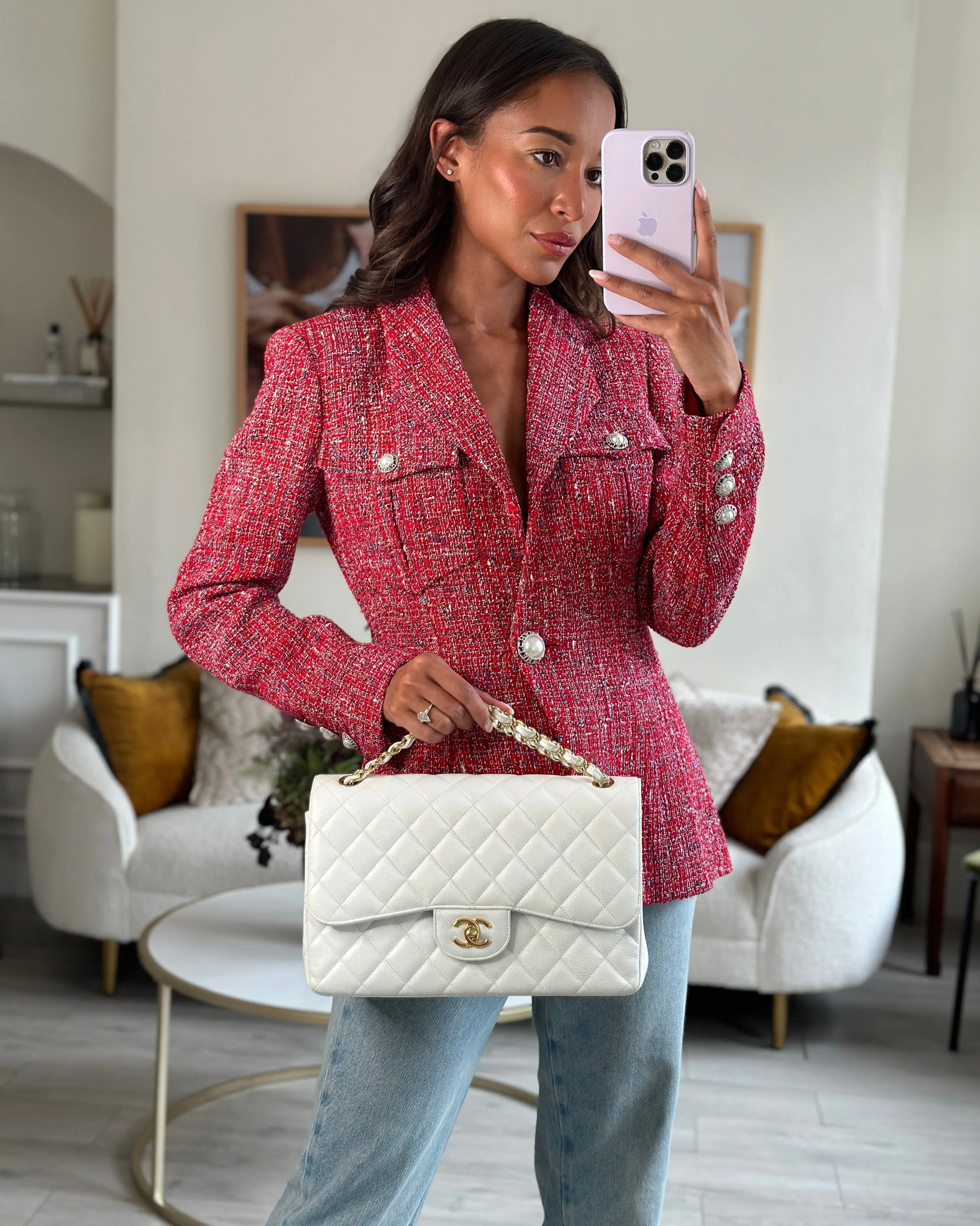 Chanel 19P Red Tweed Double-Breasted Jacket with Pearl Button Detail FR 38 (UK 10) RRP £5,550