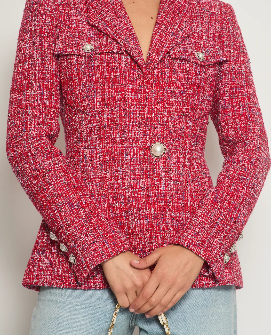 Chanel 19P Red Tweed Double-Breasted Jacket with Pearl Button Detail FR 38 (UK 10) RRP £5,550