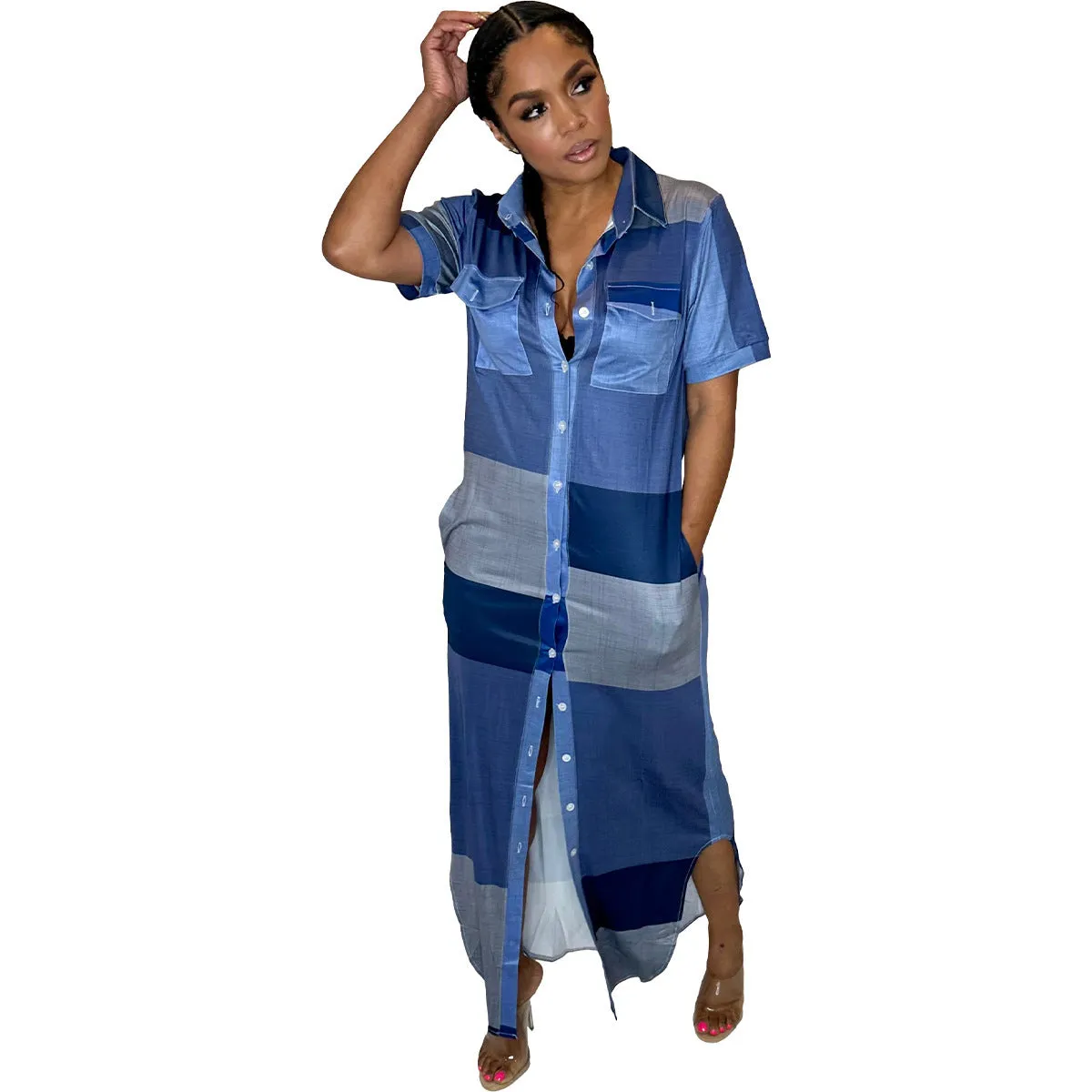 Checkered Pattern and Front Slit Buttons Loose Fit Shirt Dress