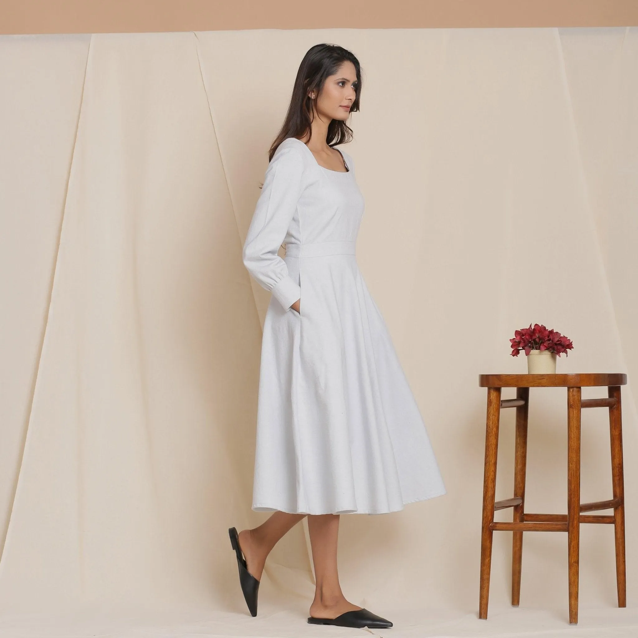 Cloudy Grey Warm Cotton Flannel Fit and Flare Midi Dress