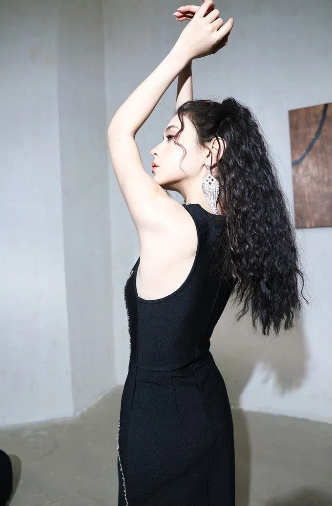 DOLLY Elegant Black Rhinestone Sleeveless Slim Fit Long Slit Dinner Dress-ALORA (V)