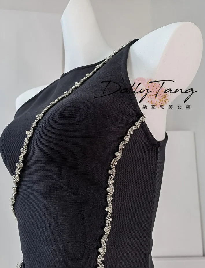 DOLLY Elegant Black Rhinestone Sleeveless Slim Fit Long Slit Dinner Dress-ALORA (V)
