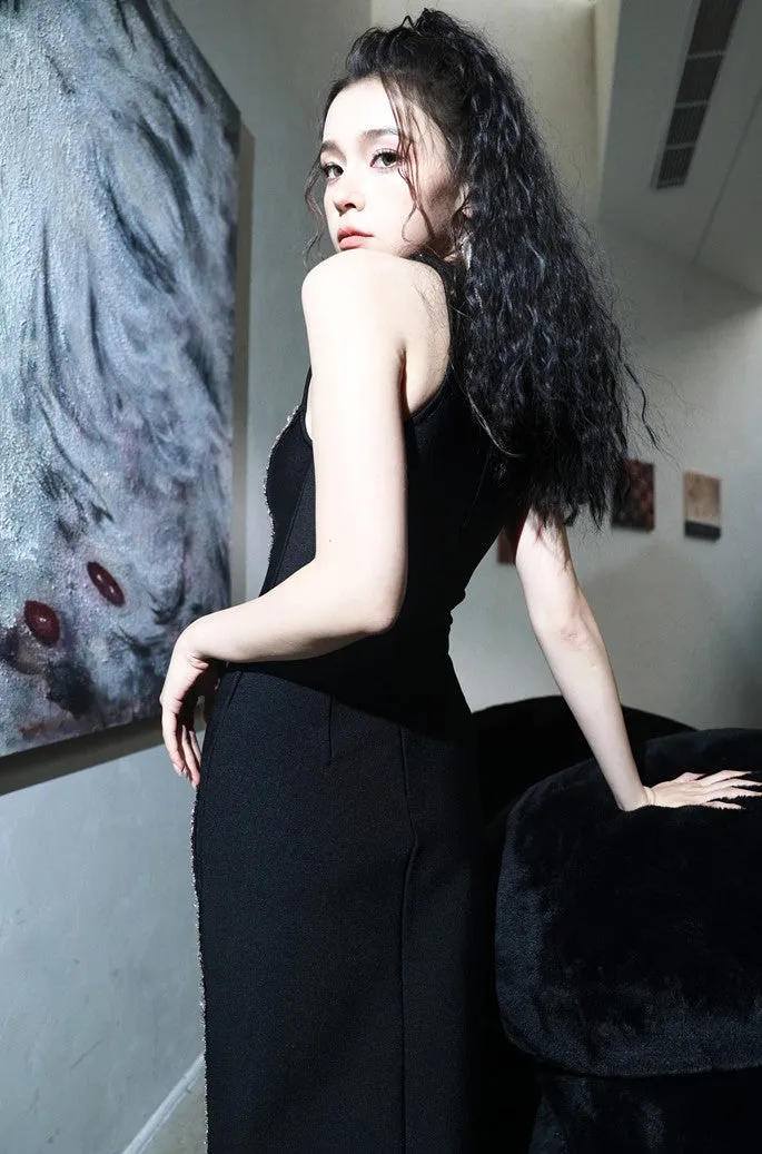 DOLLY Elegant Black Rhinestone Sleeveless Slim Fit Long Slit Dinner Dress-ALORA (V)