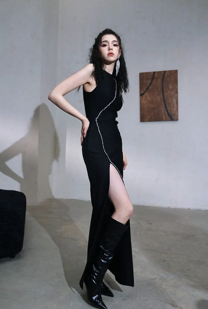 DOLLY Elegant Black Rhinestone Sleeveless Slim Fit Long Slit Dinner Dress-ALORA (V)