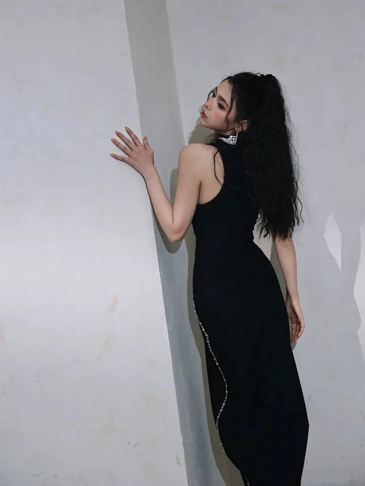 DOLLY Elegant Black Rhinestone Sleeveless Slim Fit Long Slit Dinner Dress-ALORA (V)