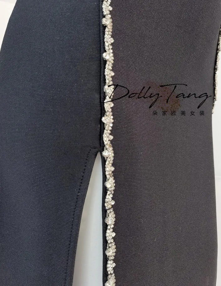 DOLLY Elegant Black Rhinestone Sleeveless Slim Fit Long Slit Dinner Dress-ALORA (V)