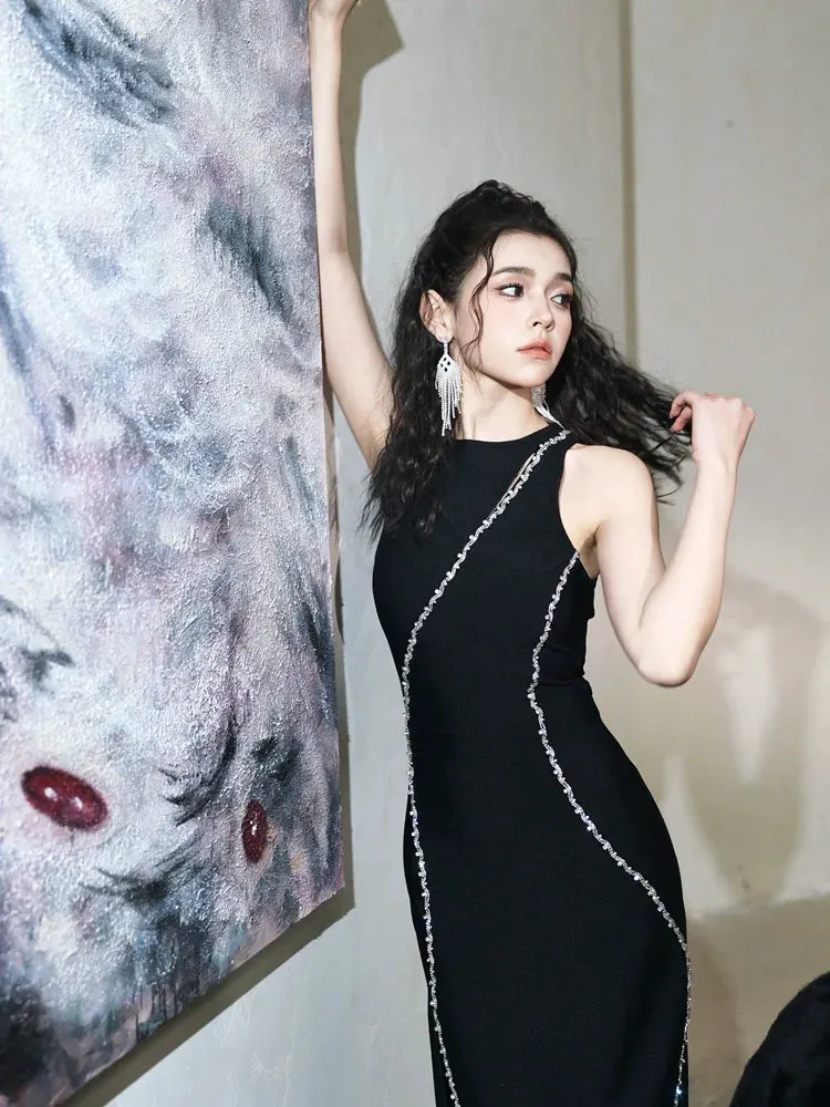 DOLLY Elegant Black Rhinestone Sleeveless Slim Fit Long Slit Dinner Dress-ALORA (V)