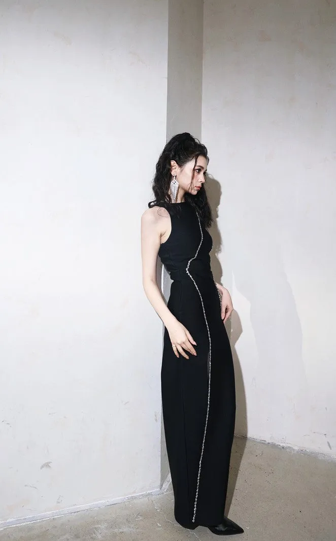 DOLLY Elegant Black Rhinestone Sleeveless Slim Fit Long Slit Dinner Dress-ALORA (V)