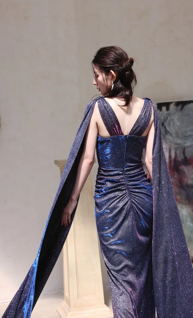 DOLLY Elegant Blue Gray Deep V-Neck Sleeveless Slim Fit Shawl Dinner Dress-KRISTI
