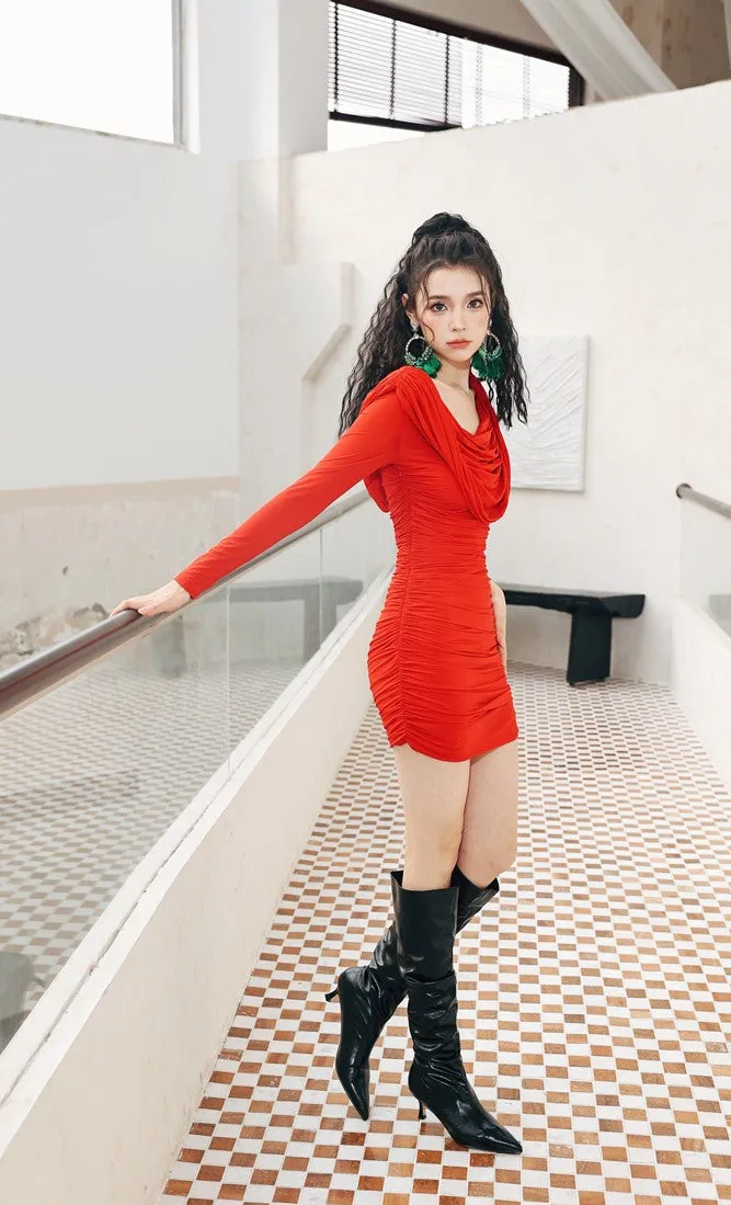 DOLLY Elegant Red Long Sleeve Hooded Slim Fit Hip Hug Short Part Dress-JUDY