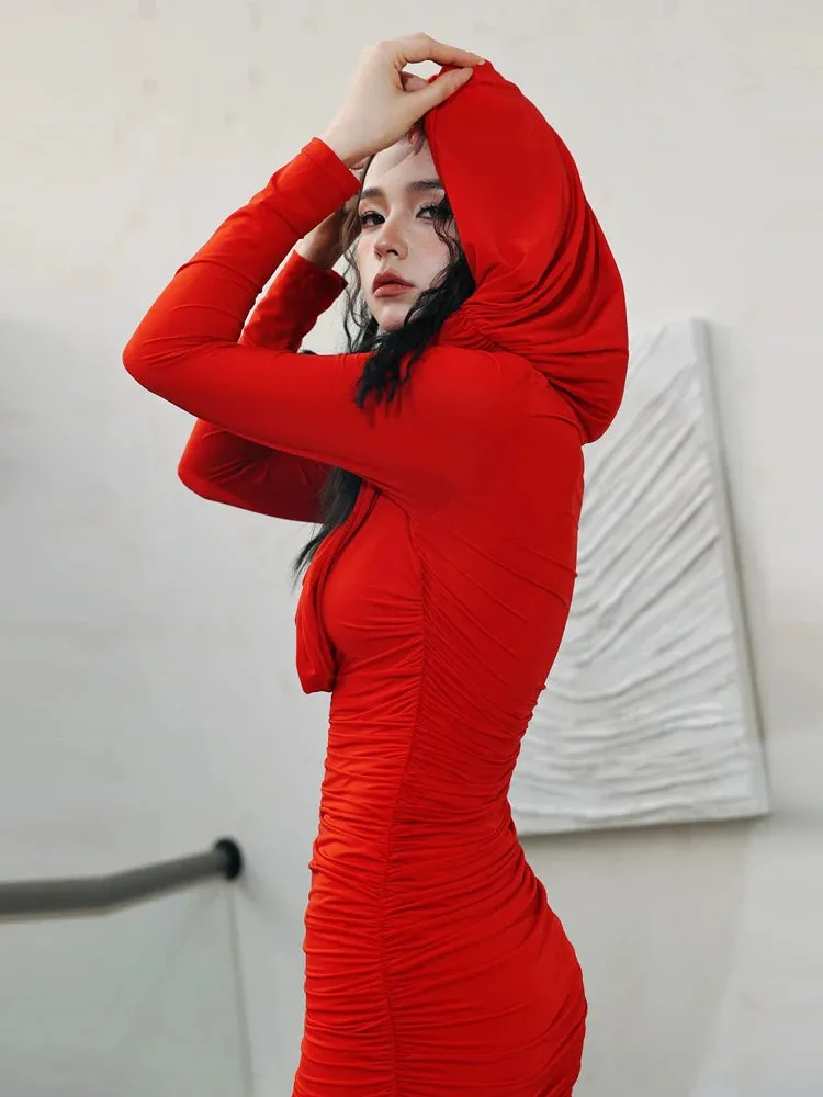 DOLLY Elegant Red Long Sleeve Hooded Slim Fit Hip Hug Short Part Dress-JUDY