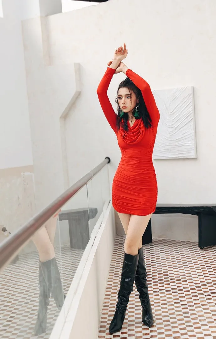 DOLLY Elegant Red Long Sleeve Hooded Slim Fit Hip Hug Short Part Dress-JUDY