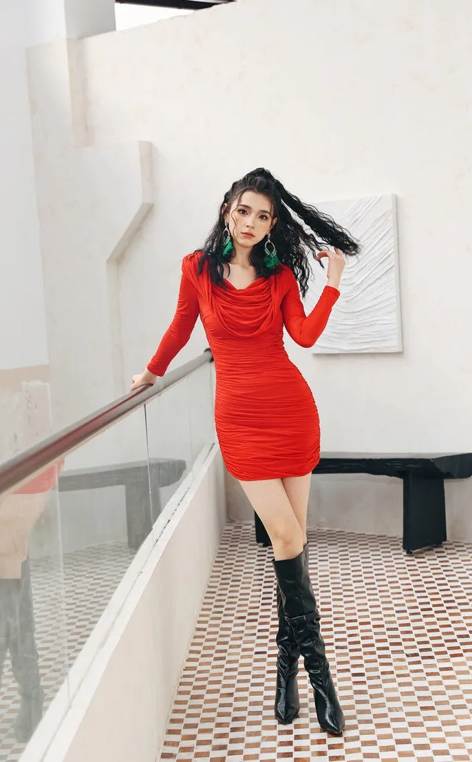 DOLLY Elegant Red Long Sleeve Hooded Slim Fit Hip Hug Short Part Dress-JUDY