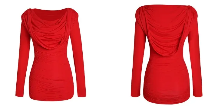 DOLLY Elegant Red Long Sleeve Hooded Slim Fit Hip Hug Short Part Dress-JUDY