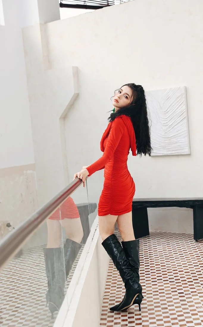 DOLLY Elegant Red Long Sleeve Hooded Slim Fit Hip Hug Short Part Dress-JUDY
