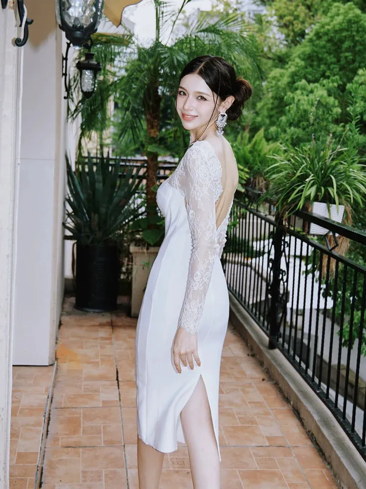 DOLLY Elegant White French Style Lace Long Sleeve Slim Fit Midi Wedding Dress-ZINA  (V)  *