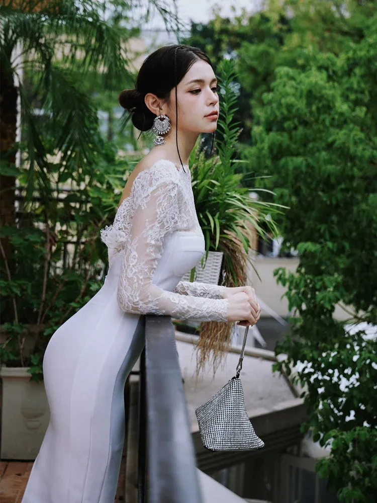 DOLLY Elegant White French Style Lace Long Sleeve Slim Fit Midi Wedding Dress-ZINA  (V)  *