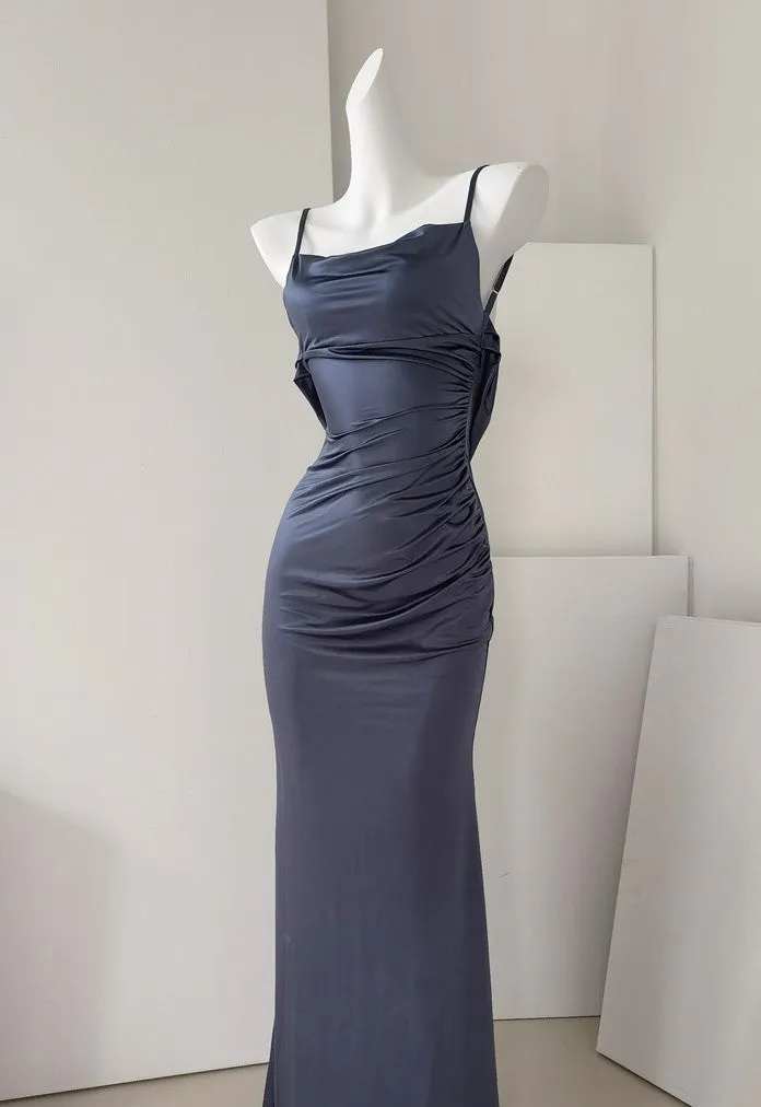 DOLLY Luxury Backless Suspender Satin Slim Fit Long Dinner Dress-MOLLY
