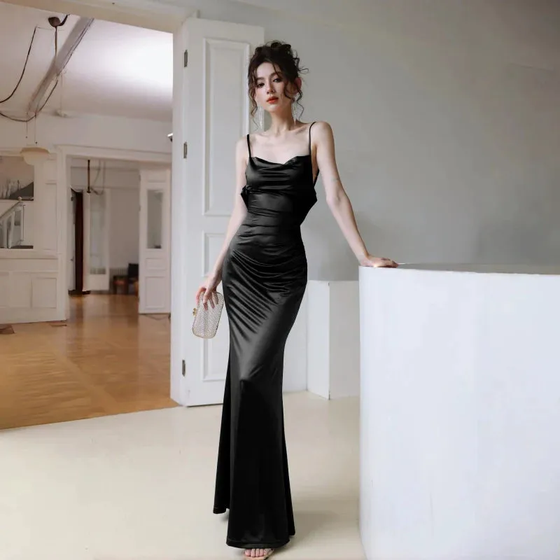 DOLLY Luxury Backless Suspender Satin Slim Fit Long Dinner Dress-MOLLY