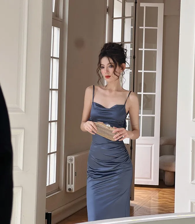 DOLLY Luxury Backless Suspender Satin Slim Fit Long Dinner Dress-MOLLY