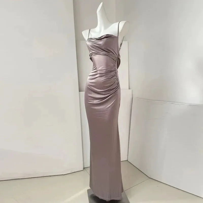 DOLLY Luxury Backless Suspender Satin Slim Fit Long Dinner Dress-MOLLY