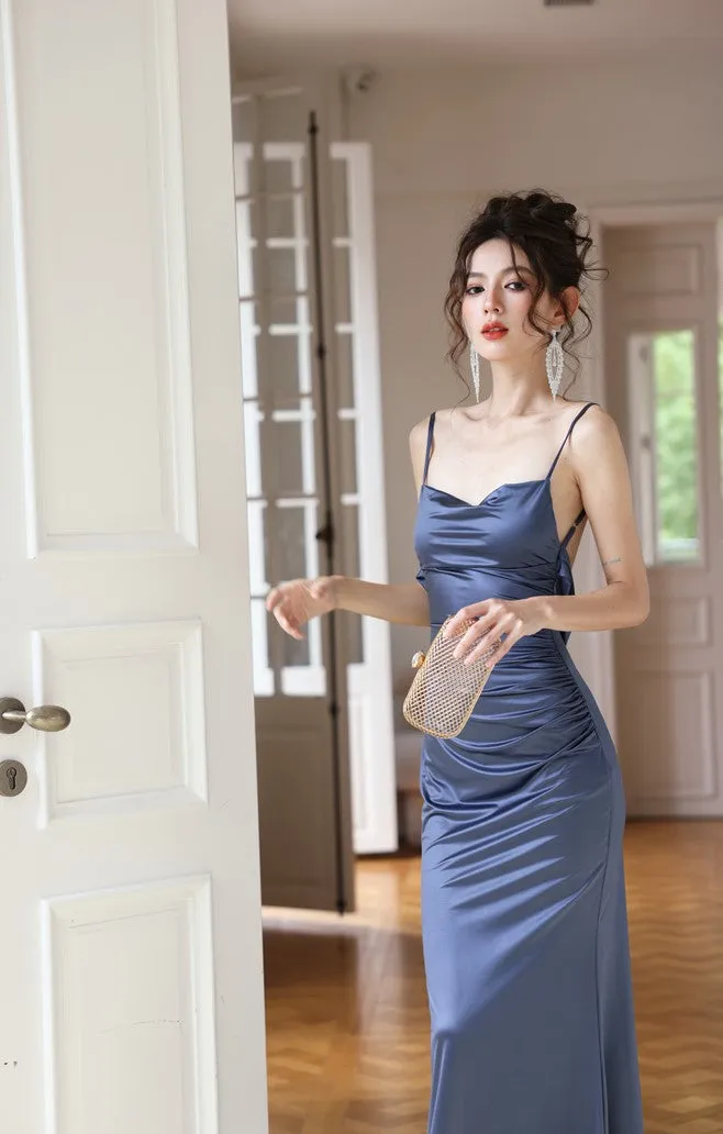 DOLLY Luxury Backless Suspender Satin Slim Fit Long Dinner Dress-MOLLY