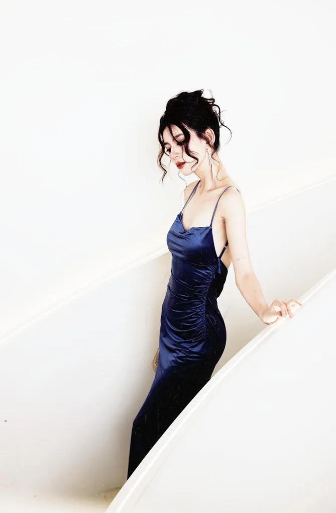 DOLLY Luxury Backless Suspender Satin Slim Fit Long Dinner Dress-MOLLY