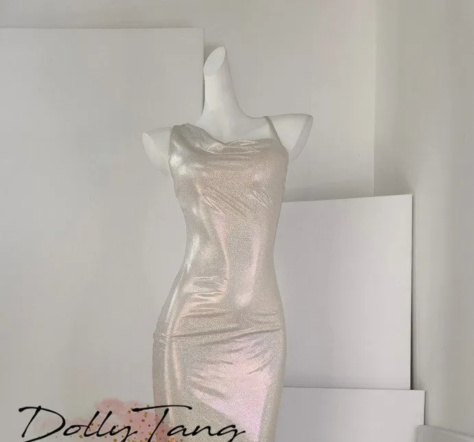 DOLLY Luxury Sliver Sleeveless Glitter Slim Fit Long Banquet Dress-SWATTIE