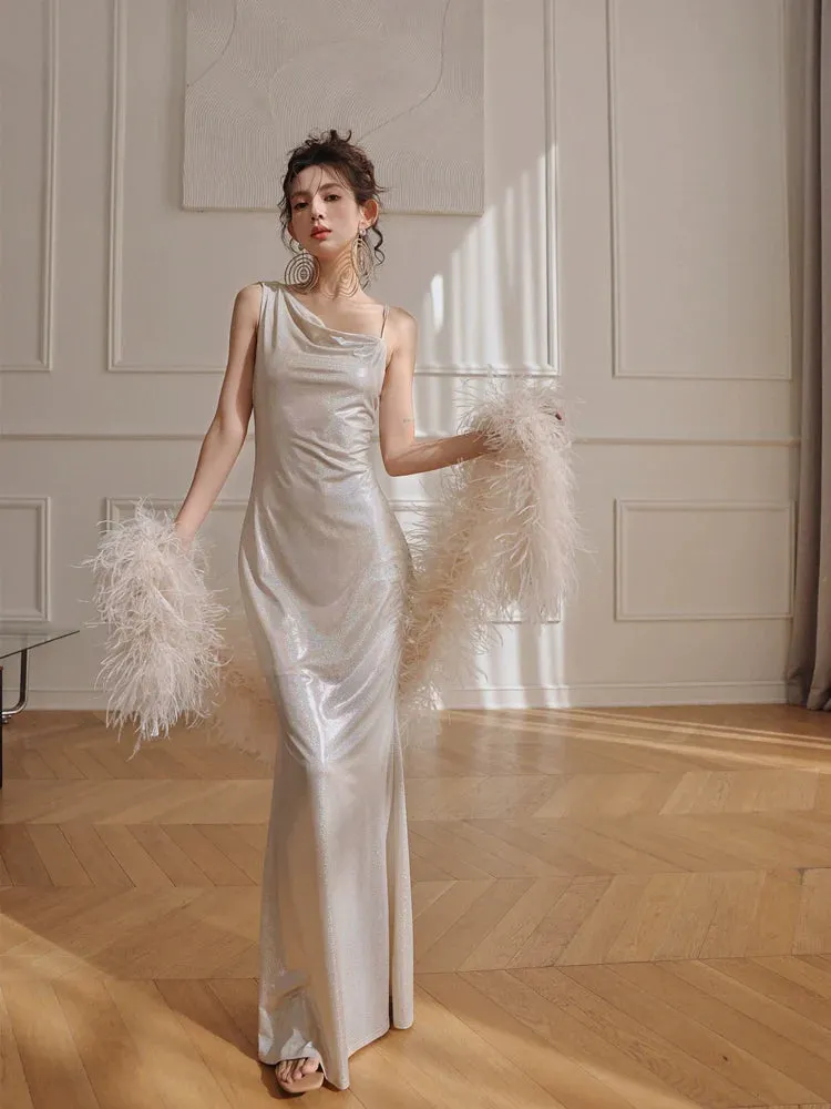 DOLLY Luxury Sliver Sleeveless Glitter Slim Fit Long Banquet Dress-SWATTIE
