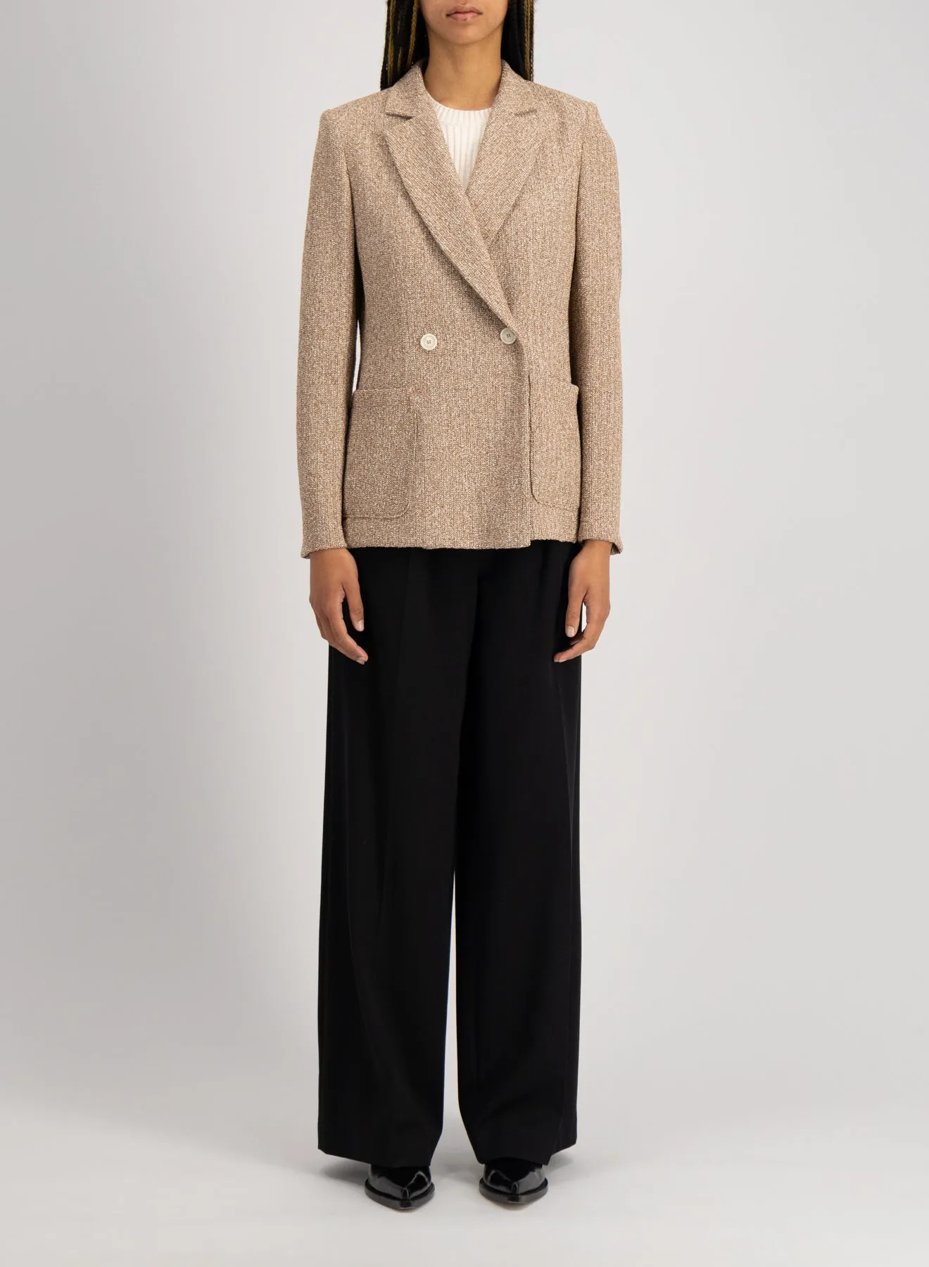 Double Breasted Blazer with Shoulder Pads in White and Beige