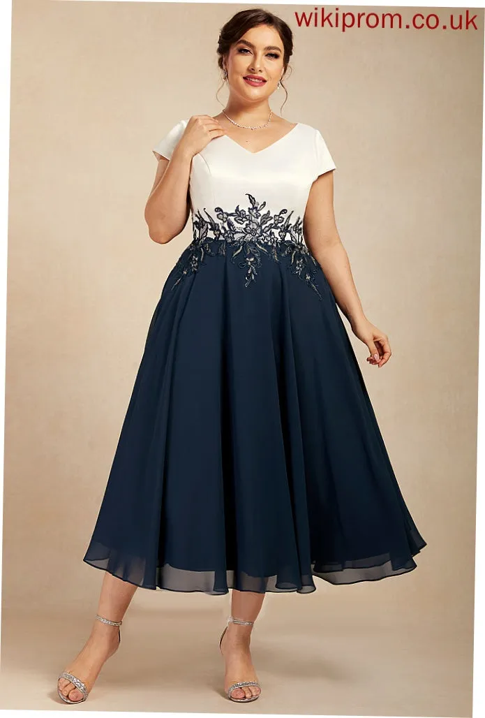 Dress V-neck Chiffon Lace Cocktail A-Line Guadalupe Cocktail Dresses Satin Tea-Length