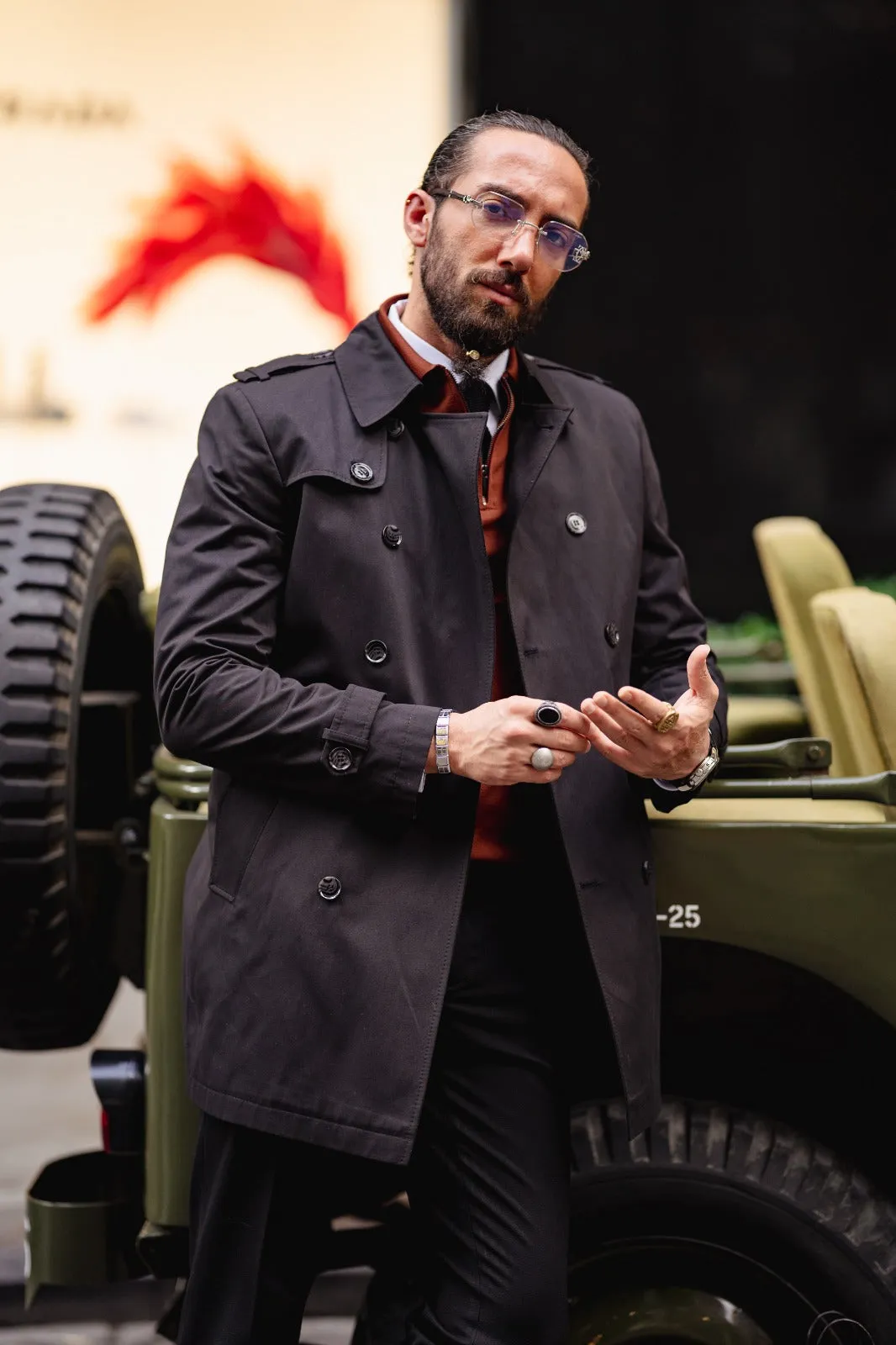 Eden Slim Fit Wide Collared Black Trench Coat