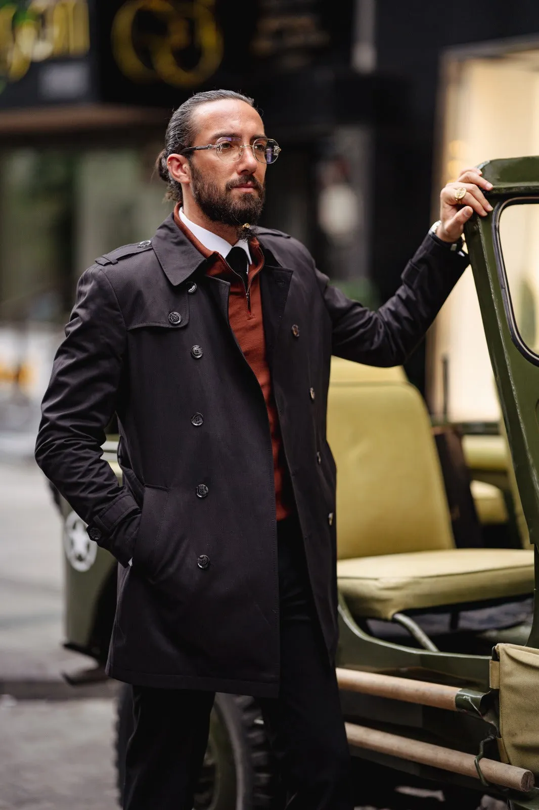 Eden Slim Fit Wide Collared Black Trench Coat