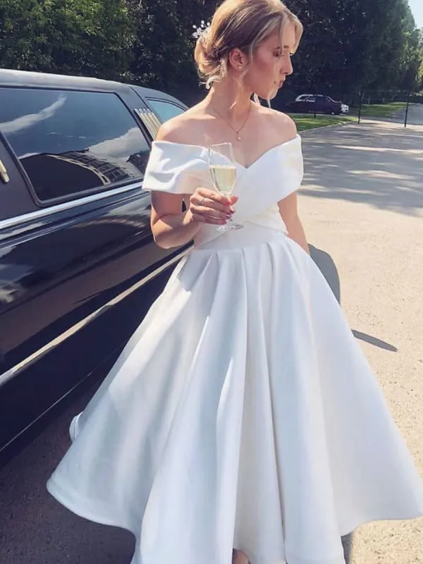 Elegant Off the Shoulder Tea Length White Satin Wedding Dress