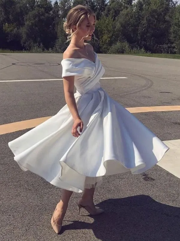 Elegant Off the Shoulder Tea Length White Satin Wedding Dress