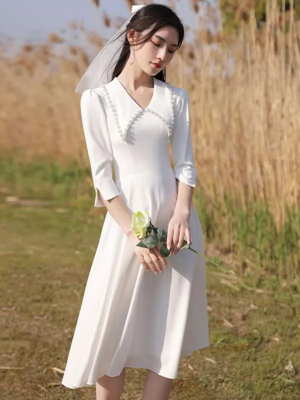 Eric White Evening Dress A-Line Designed Neckline Stretch Crepe Tea-Length Social Party Dresses